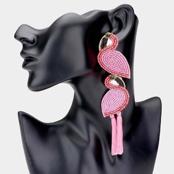 Flamingo Pink Seed Beaded Tassel Dangle Earrings - Picture 1 of 6